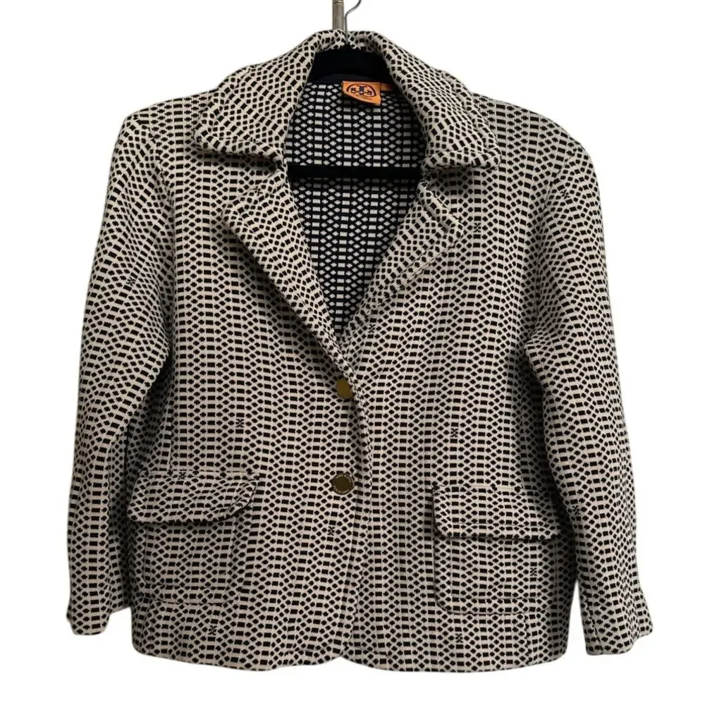 Tory Burch Geometric Jacquard Knit Blazer Jacket - Navy & Ivory - Size‎ XL